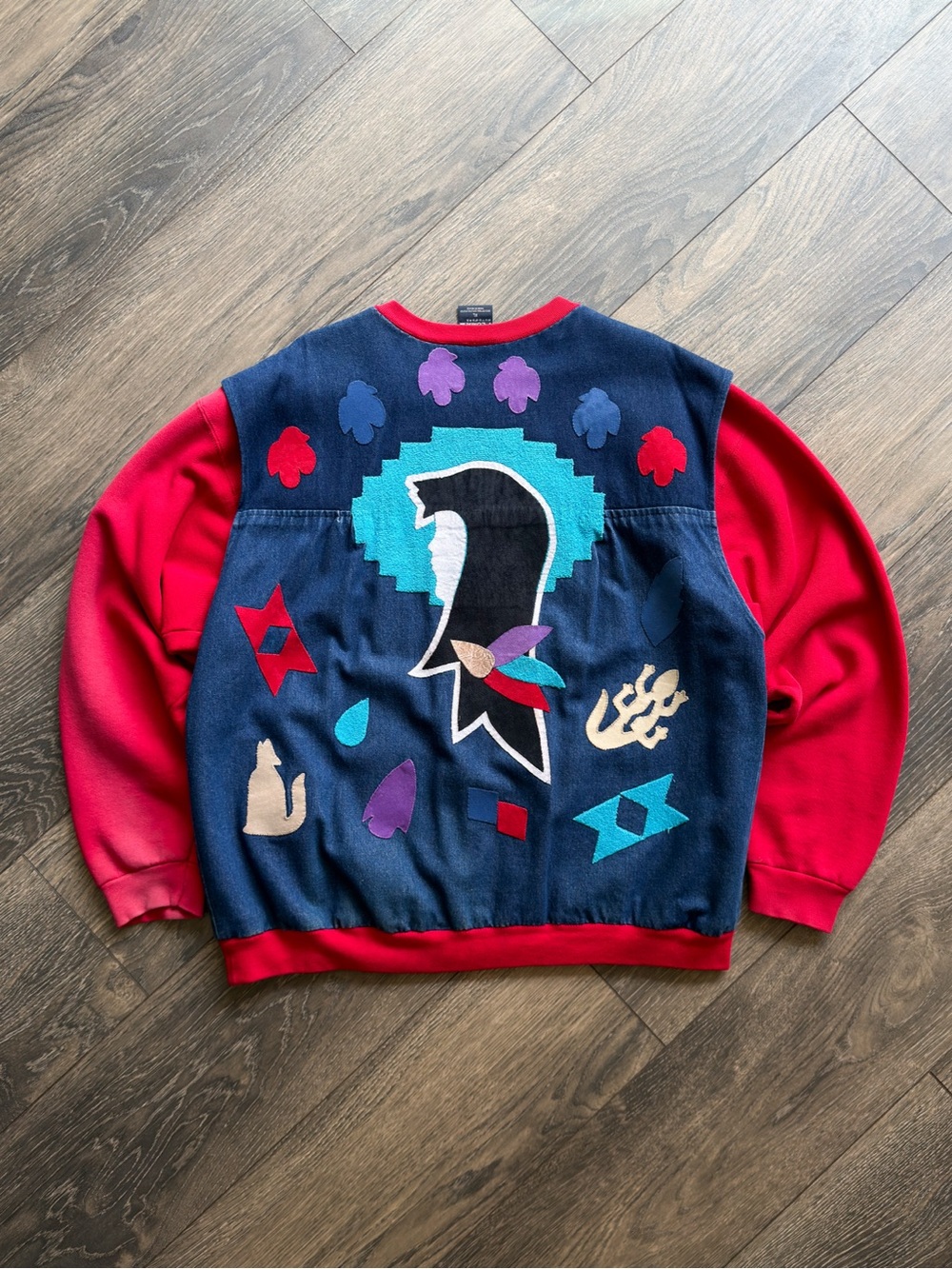 Women’s XL Denim Applique Sweatshirt Jacket Southwest Aztec Full Zip Vintage 90s - Picture 3 of 9